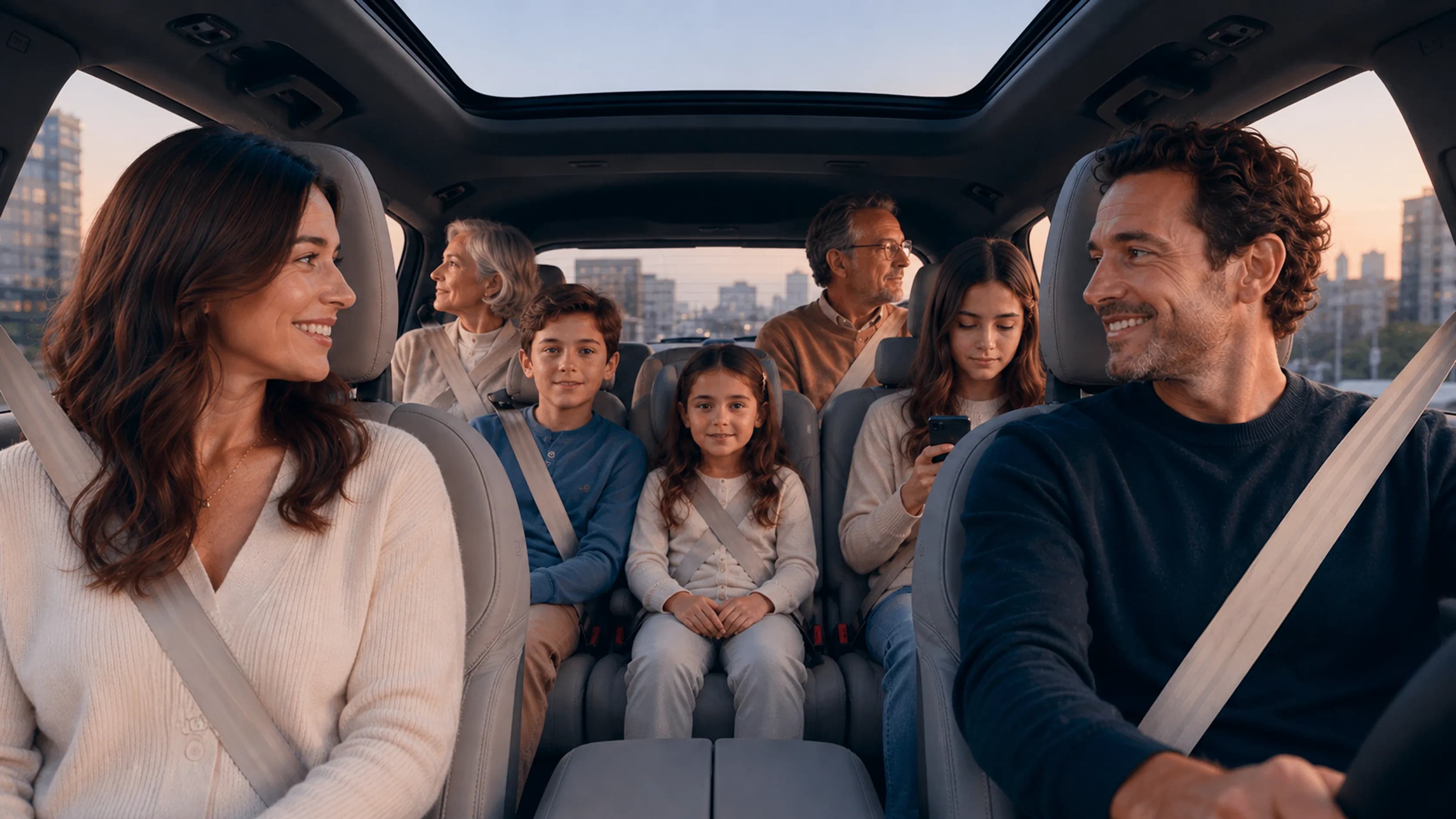 Família viajando confortavelmente no interior de um Volvo de sete lugares