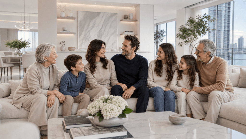Família reunida em uma sala de estar aconchegante