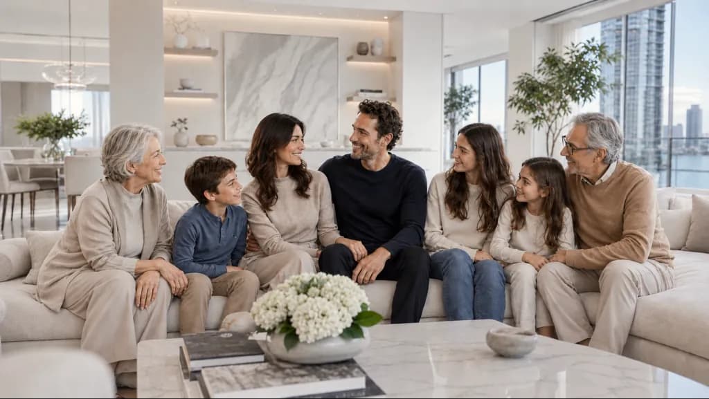 Família reunida em uma sala de estar aconchegante