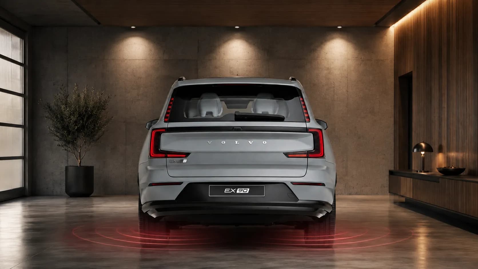 Volvo estacionado em uma garagem com sensores de estacionamento traseiros ativos